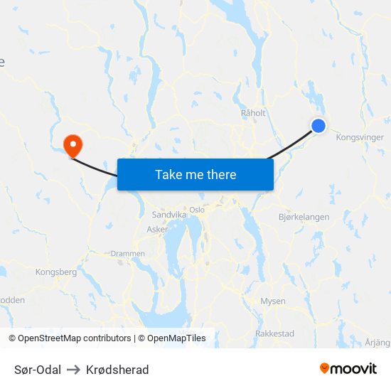 Sør-Odal to Krødsherad map