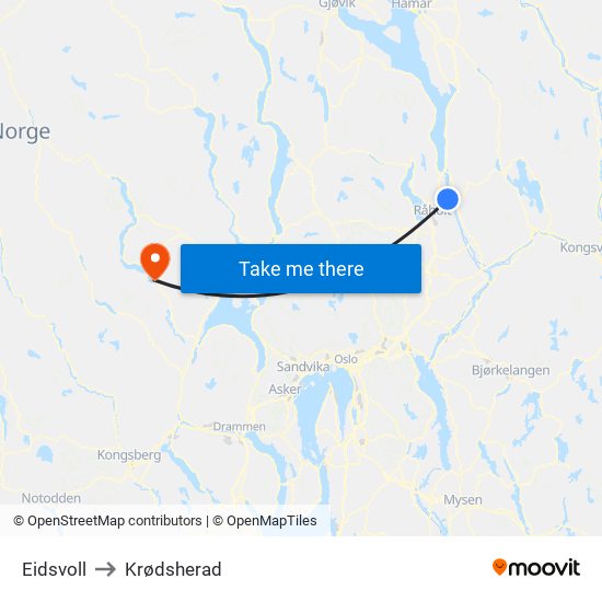 Eidsvoll to Krødsherad map