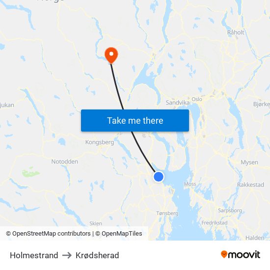 Holmestrand to Krødsherad map