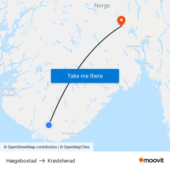 Hægebostad to Krødsherad map