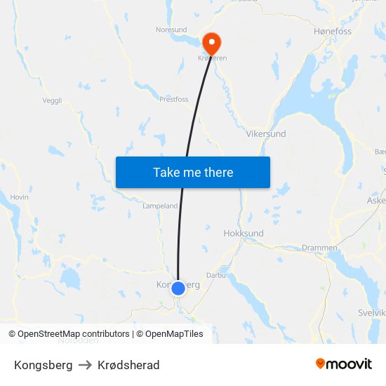 Kongsberg to Krødsherad map