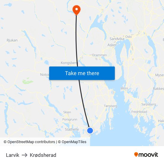 Larvik to Krødsherad map