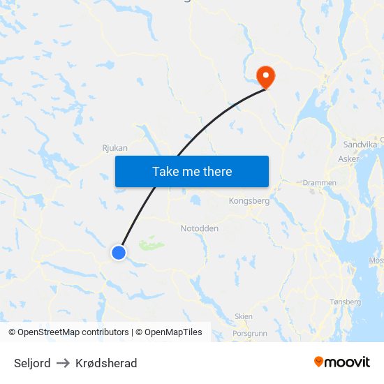 Seljord to Krødsherad map