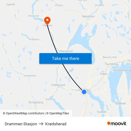 Drammen Stasjon to Krødsherad map