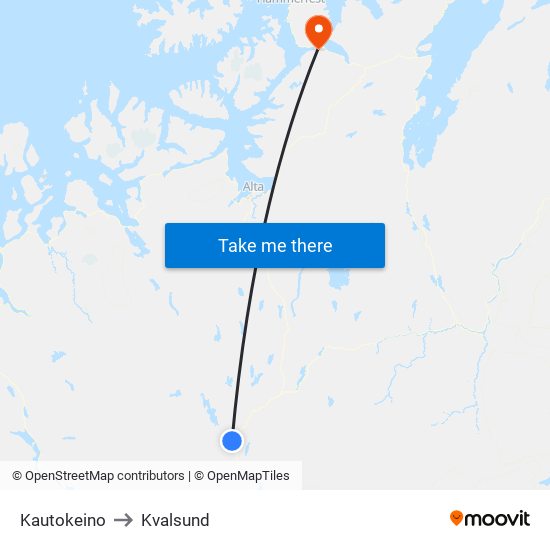 Kautokeino to Kvalsund map