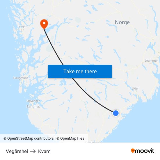 Vegårshei to Kvam map