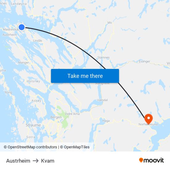 Austrheim to Kvam map