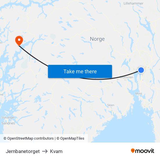 Jernbanetorget to Kvam map