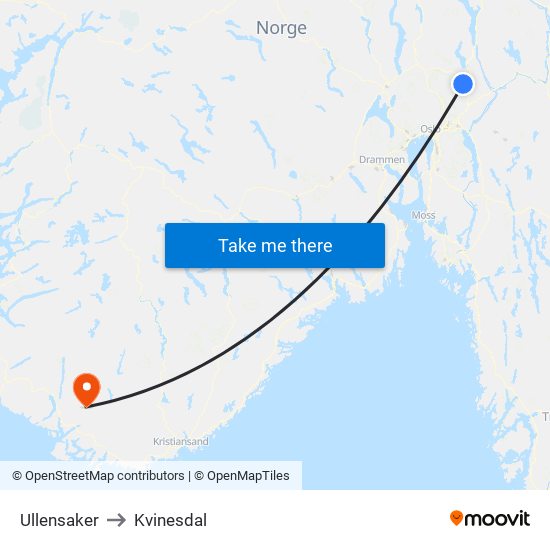 Ullensaker to Kvinesdal map