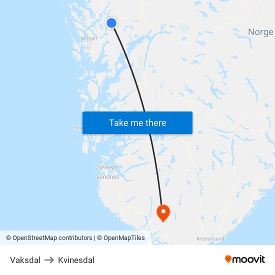 Vaksdal to Kvinesdal map