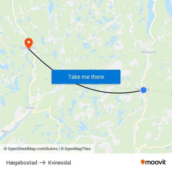 Hægebostad to Kvinesdal map