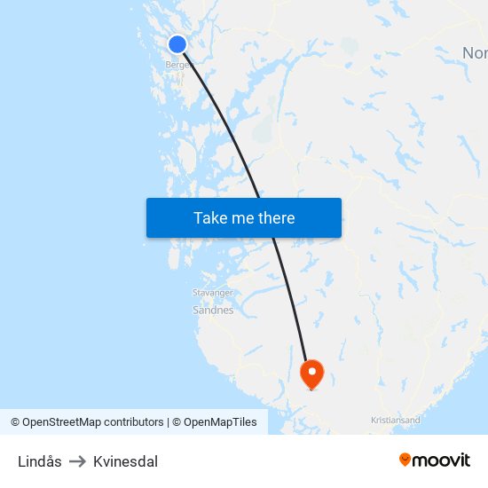 Lindås to Kvinesdal map