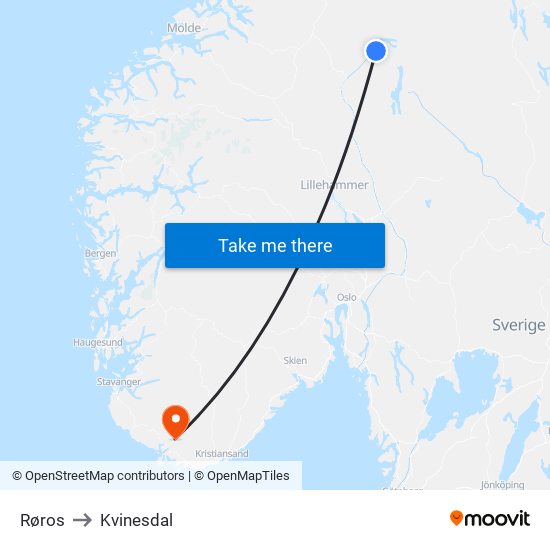 Røros to Kvinesdal map