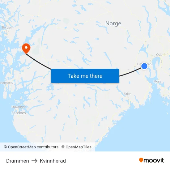 Drammen to Kvinnherad map