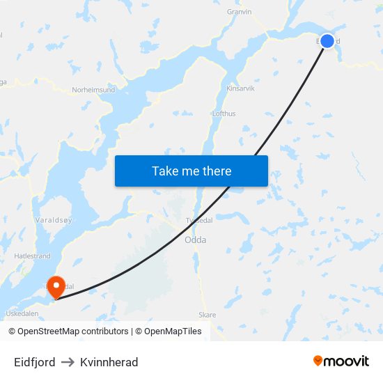 Eidfjord to Kvinnherad map