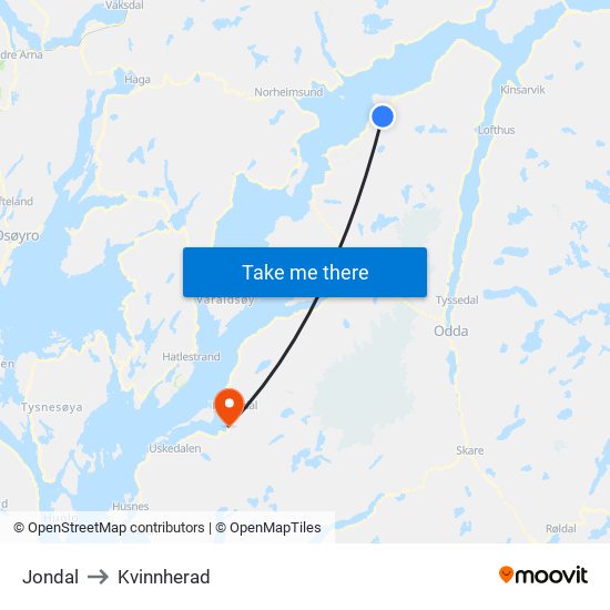 Jondal to Kvinnherad map