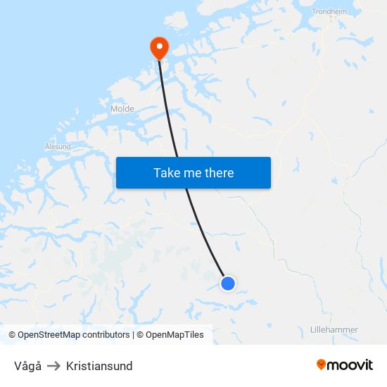 Vågå to Kristiansund map