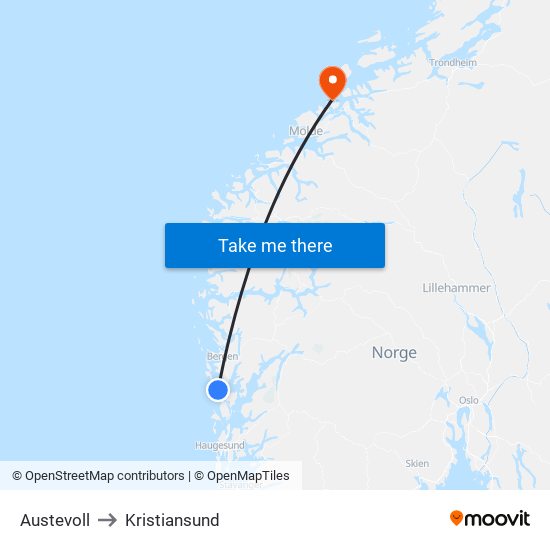 Austevoll to Kristiansund map