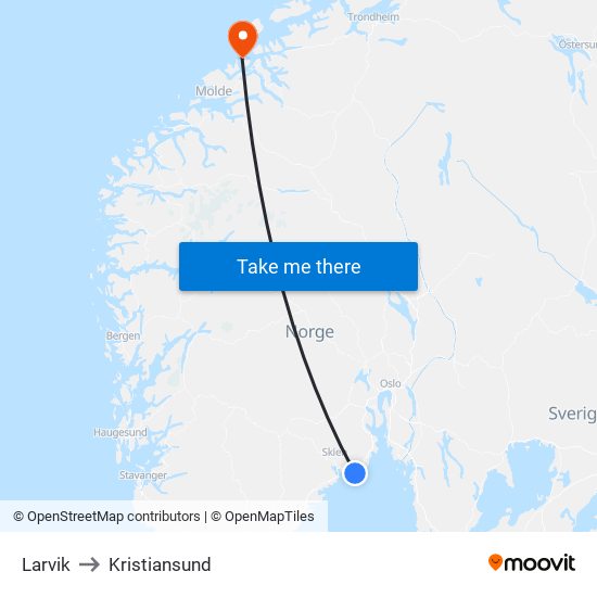 Larvik to Kristiansund map