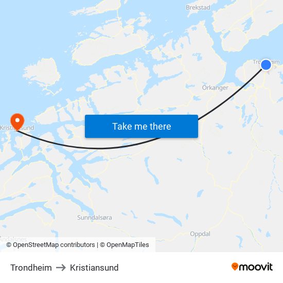 Trondheim to Kristiansund map