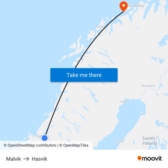 Malvik to Hasvik map