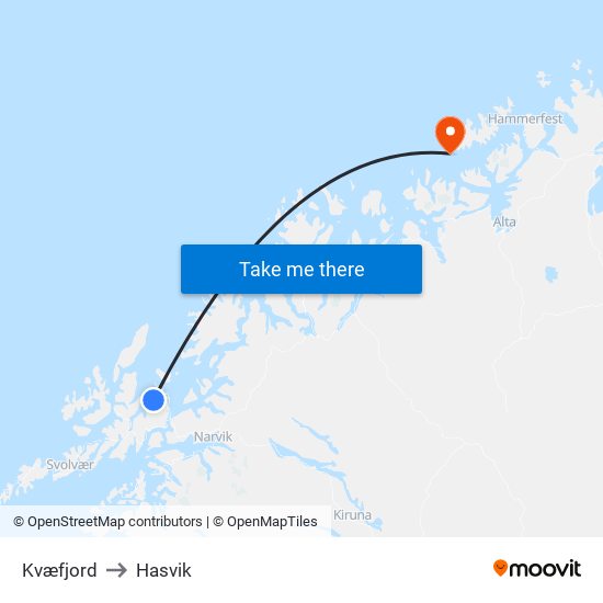 Kvæfjord to Hasvik map