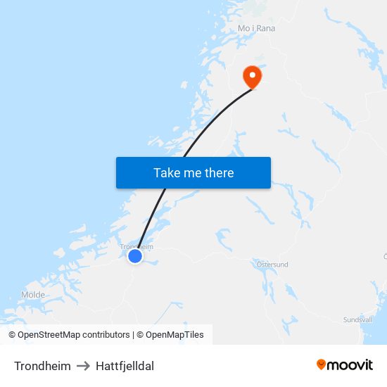 Trondheim to Hattfjelldal map