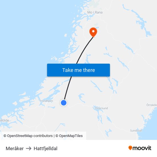 Meråker to Hattfjelldal map