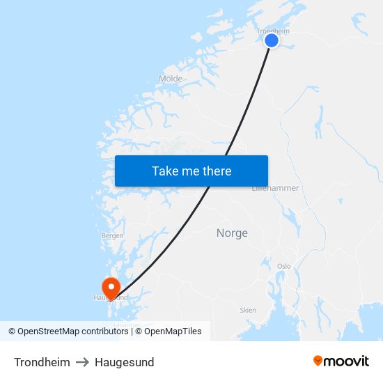 Trondheim to Haugesund map
