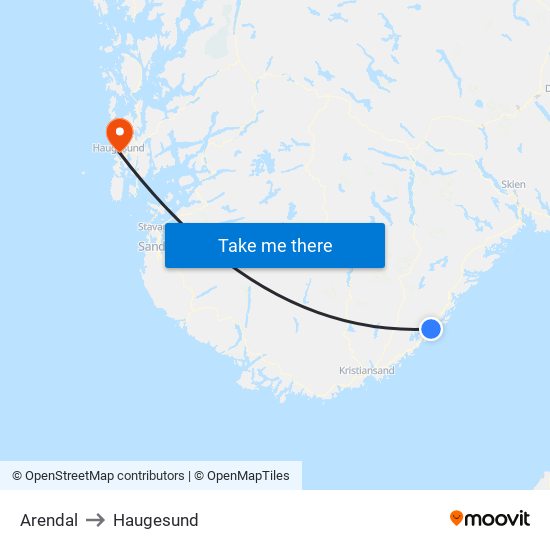 Arendal to Haugesund map