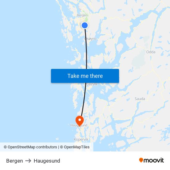 Bergen to Haugesund map