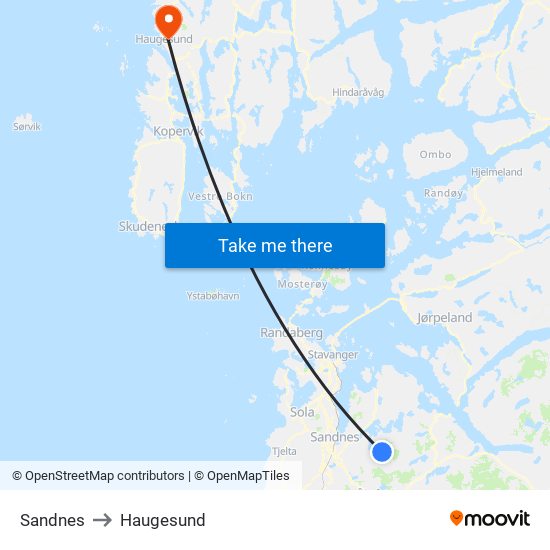 Sandnes to Haugesund map