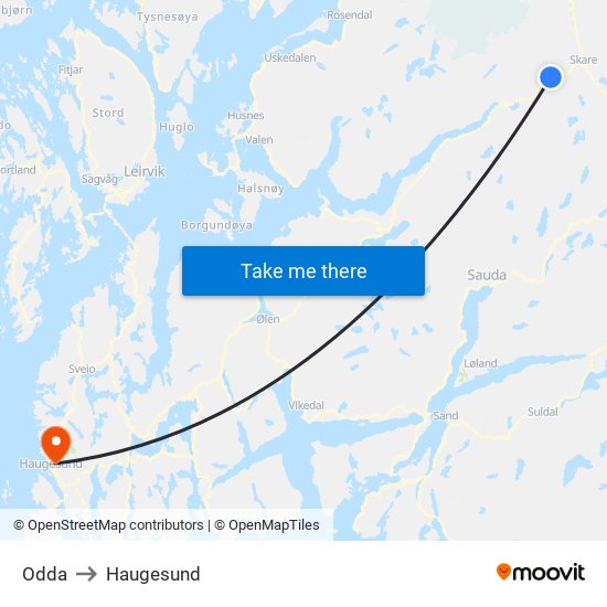 Odda to Haugesund map