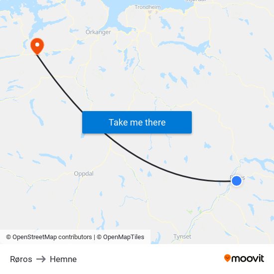 Røros to Hemne map