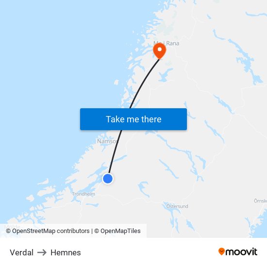 Verdal to Hemnes map