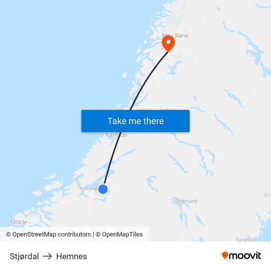 Stjørdal to Hemnes map