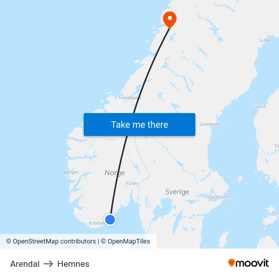 Arendal to Hemnes map