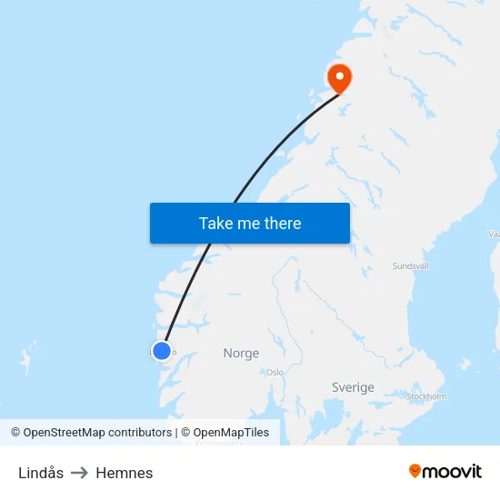 Lindås to Hemnes map