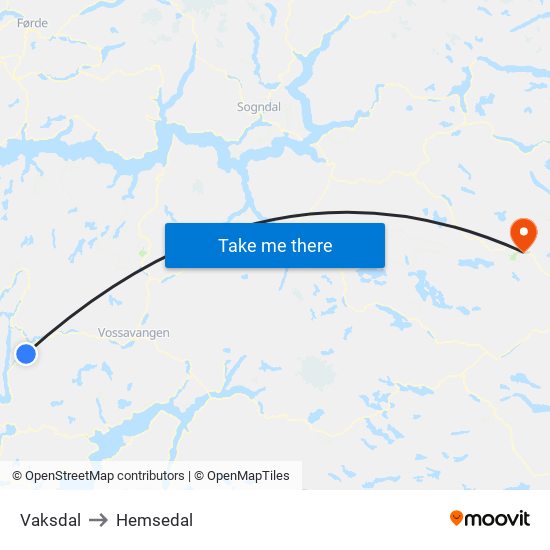 Vaksdal to Hemsedal map