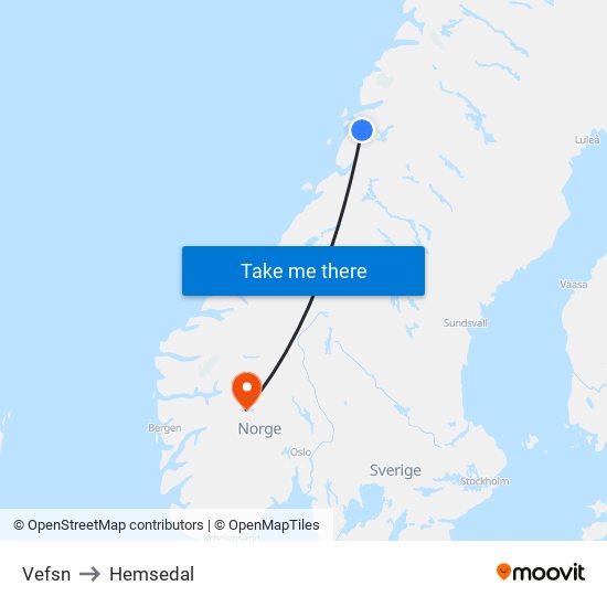 Vefsn to Hemsedal map