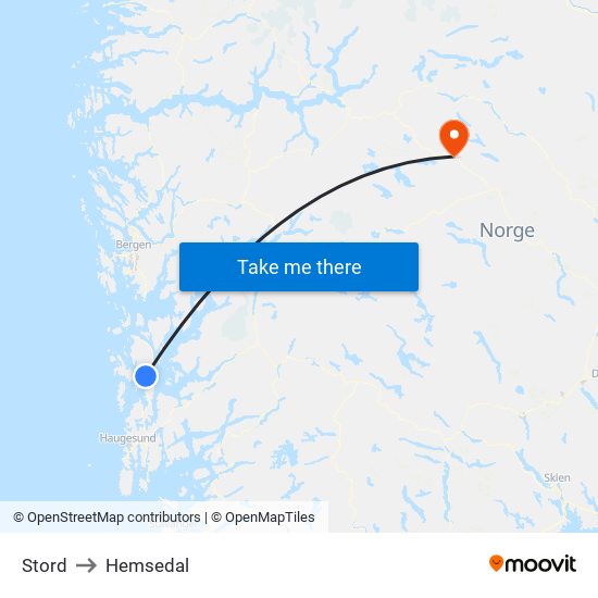 Stord to Hemsedal map