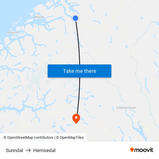 Sunndal to Hemsedal map