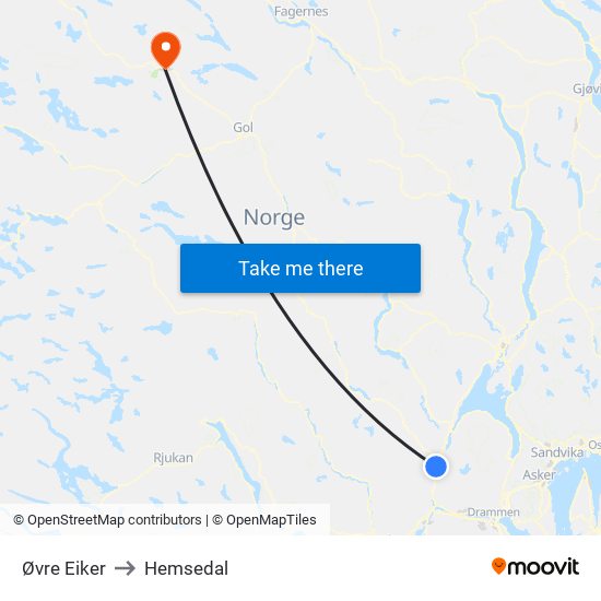 Øvre Eiker to Hemsedal map