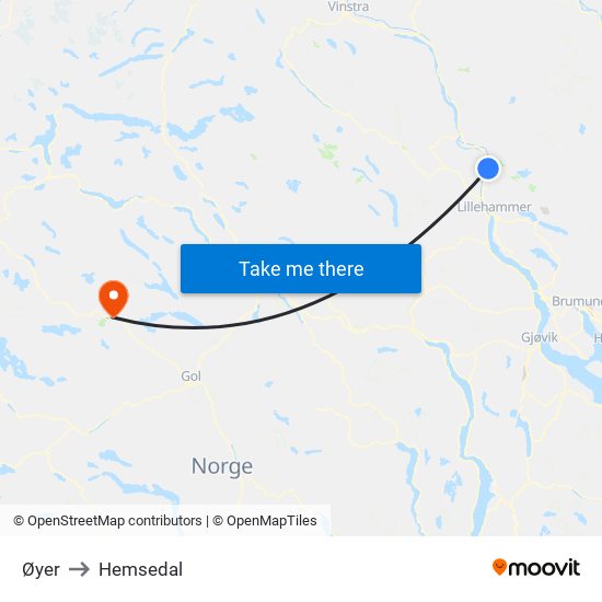 Øyer to Hemsedal map