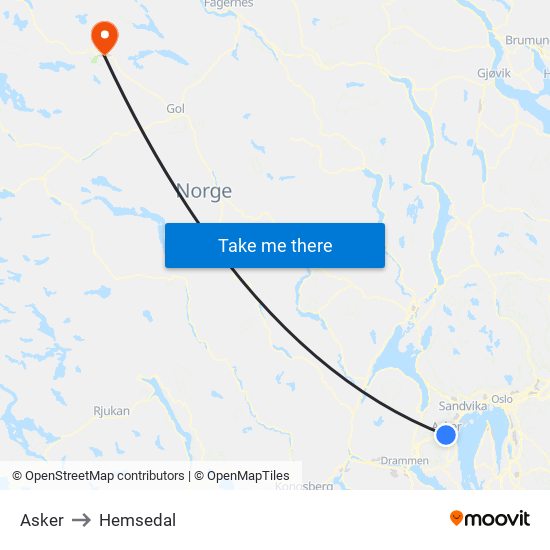 Asker to Hemsedal map