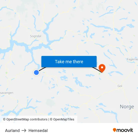 Aurland to Hemsedal map