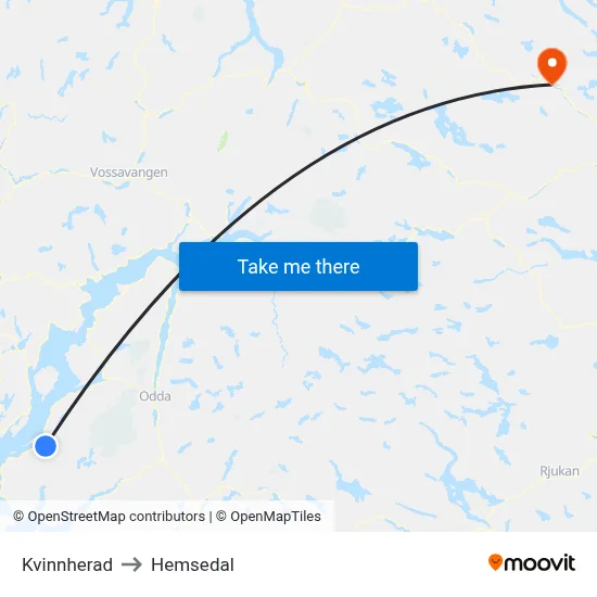 Kvinnherad to Hemsedal map