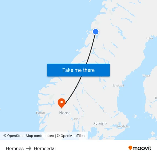Hemnes to Hemsedal map