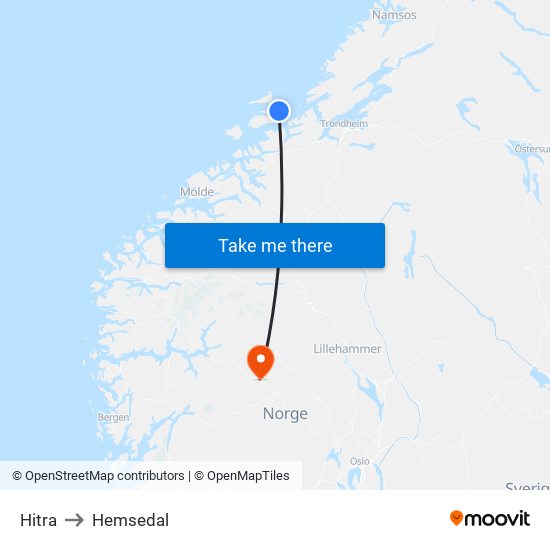 Hitra to Hemsedal map