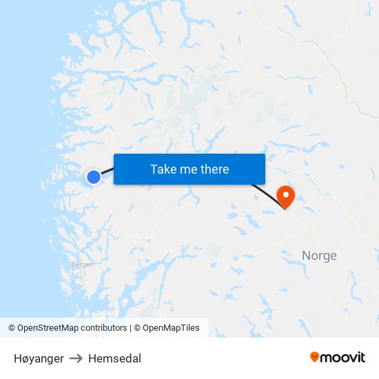 Høyanger to Hemsedal map